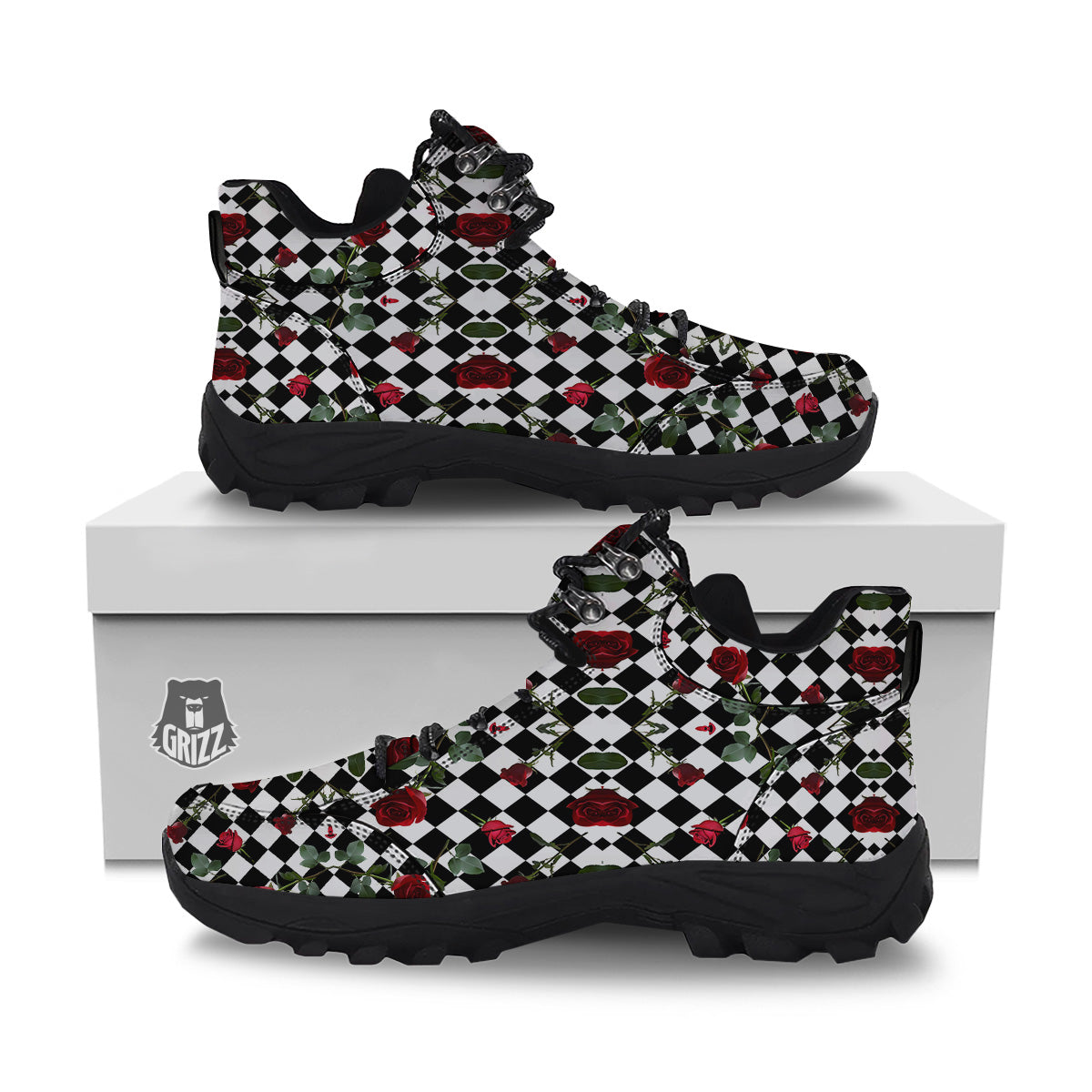 Red Roses And Argyle Print Pattern Hiking Shoes-grizzshop