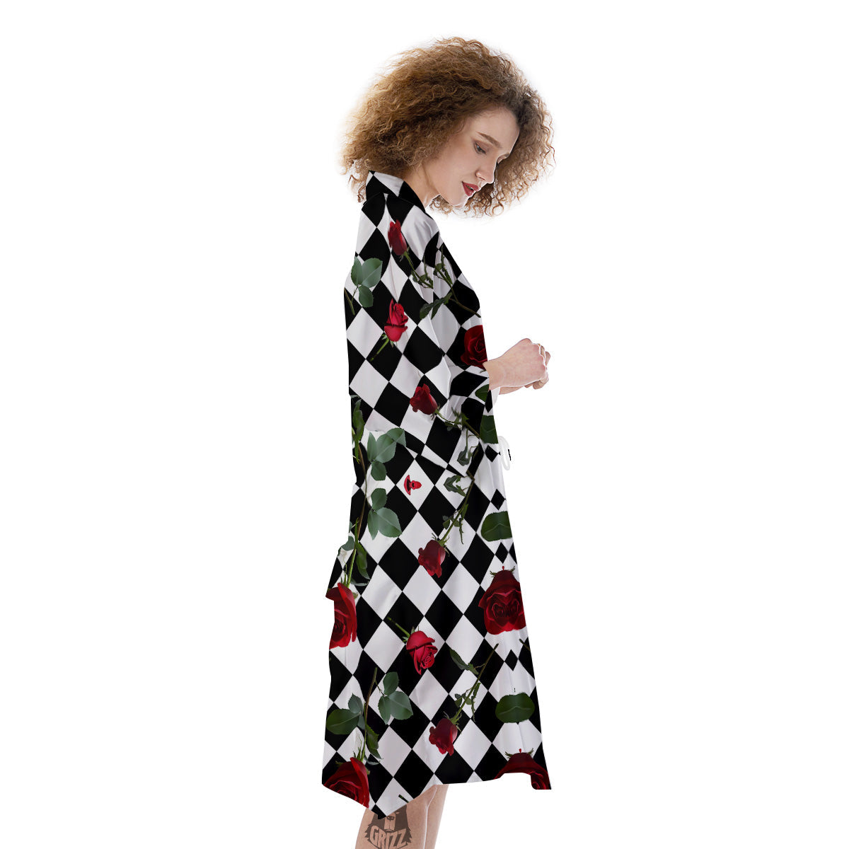 Red Roses And Argyle Print Pattern Kimono-grizzshop