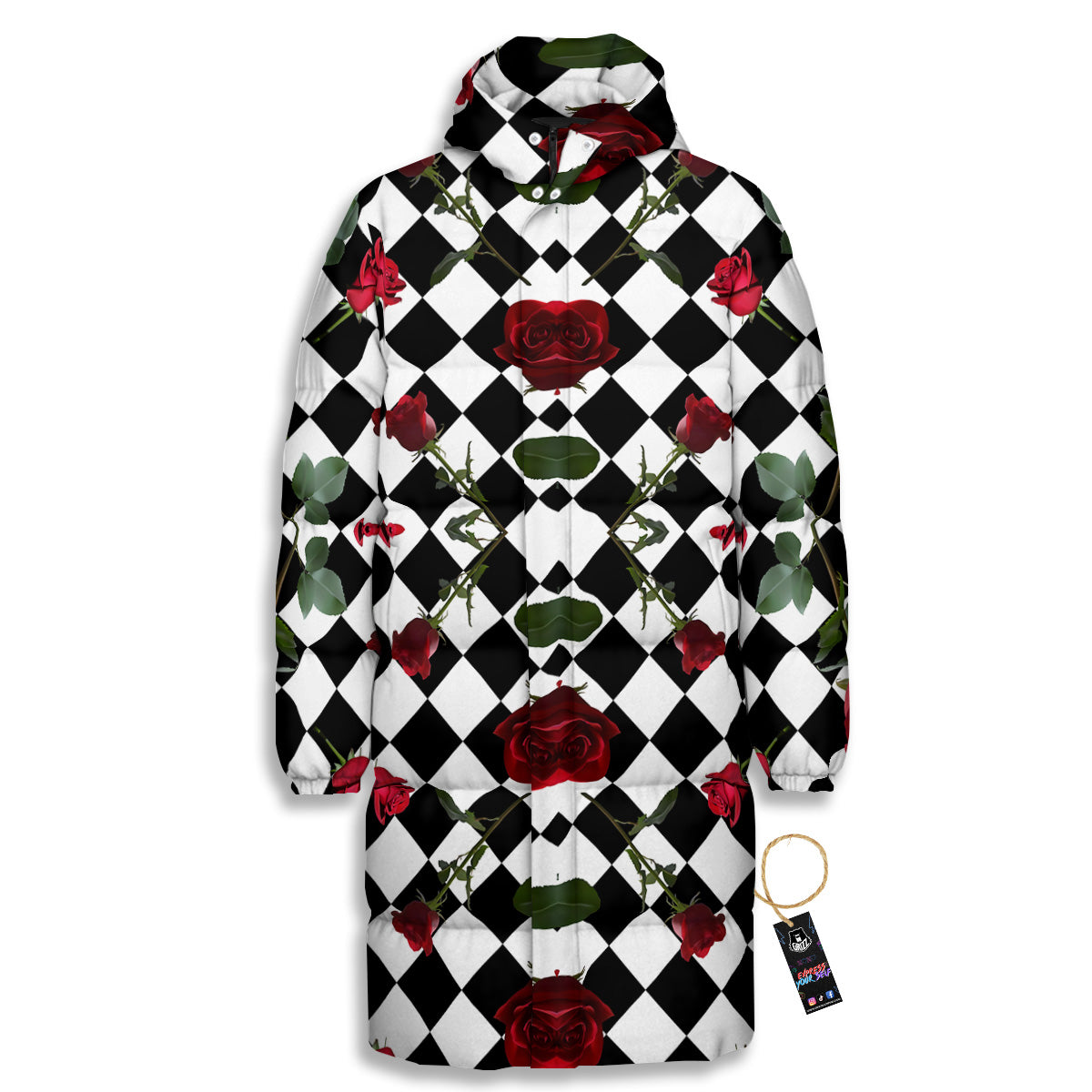 Red Roses And Argyle Print Pattern Long Down Jacket-grizzshop