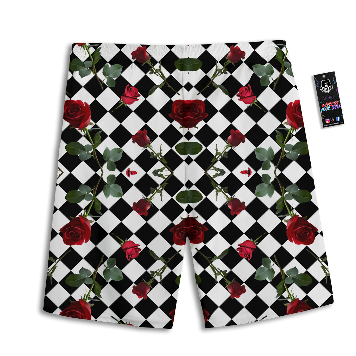 Red Roses And Argyle Print Pattern Men's Athletic Shorts