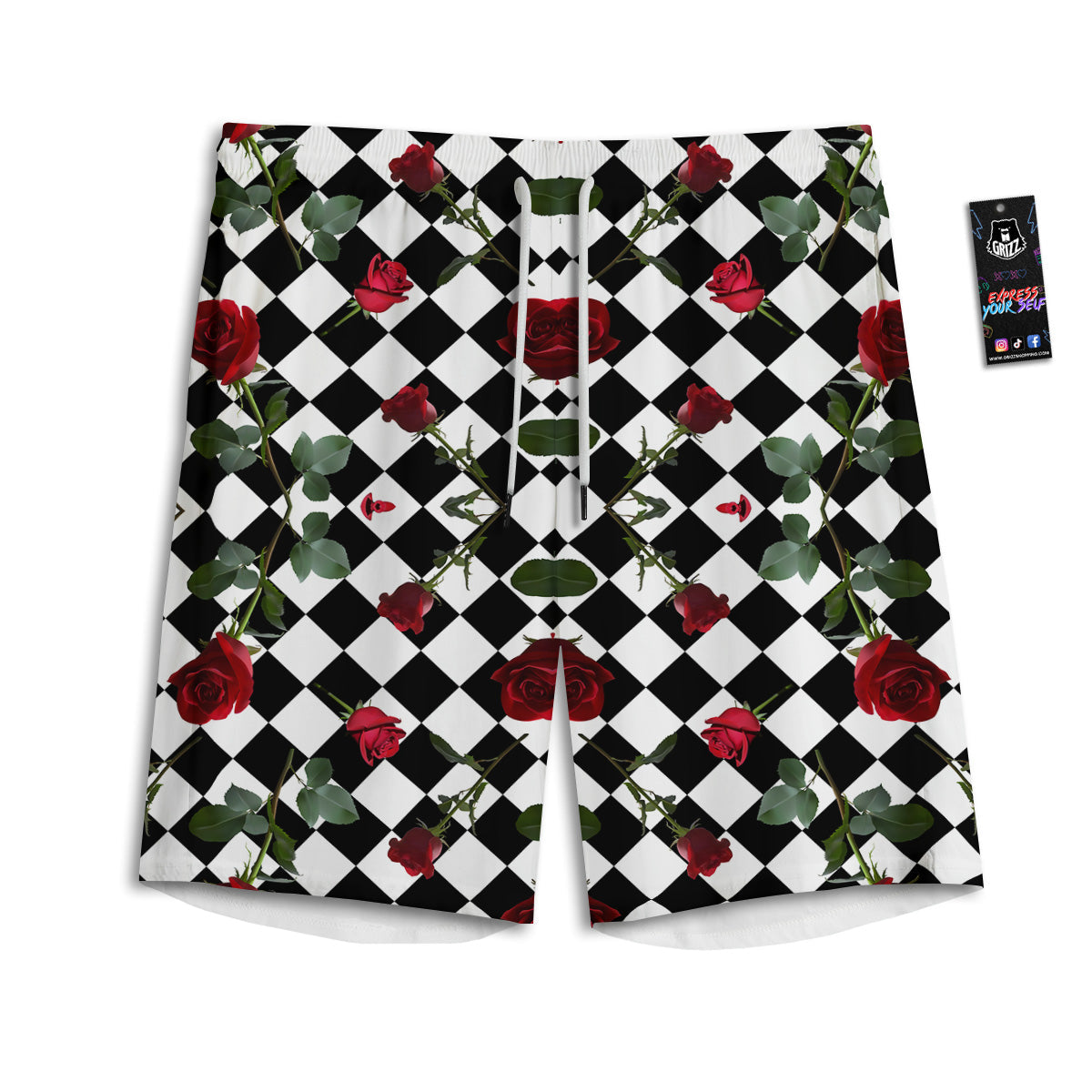 Red Roses And Argyle Print Pattern Men's Athletic Shorts