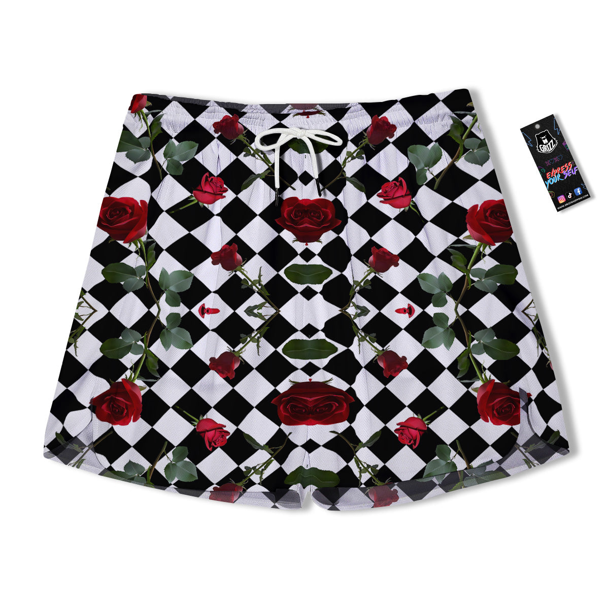 Red Roses And Argyle Print Pattern Men's Running Shorts-grizzshop