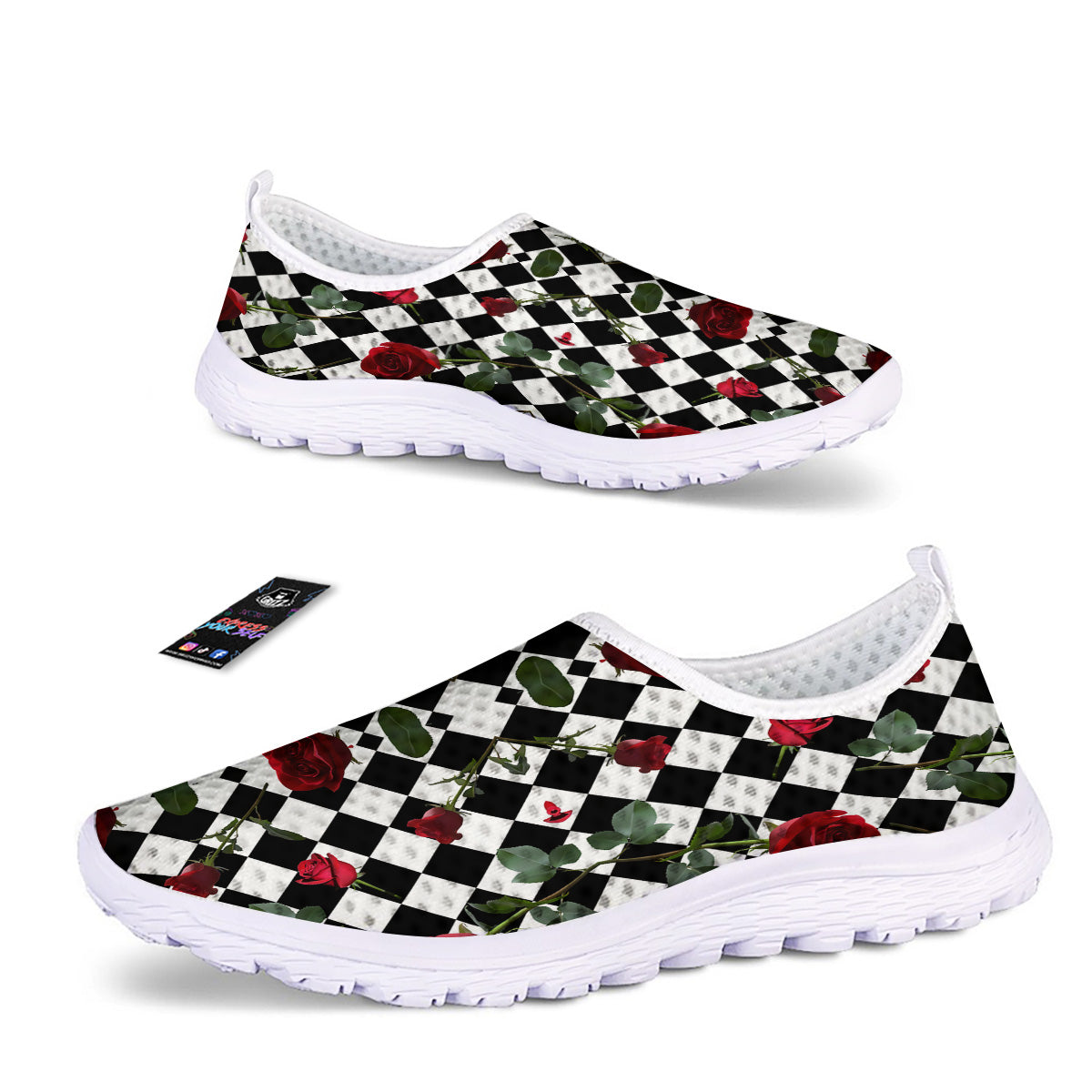 Red Roses And Argyle Print Pattern Nurse Shoes-grizzshop