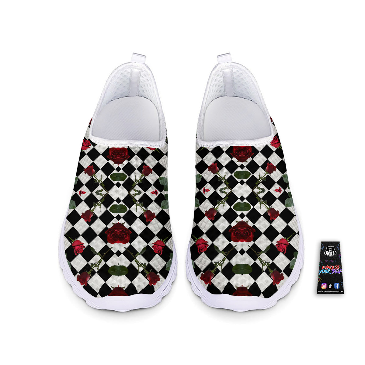 Red Roses And Argyle Print Pattern Nurse Shoes-grizzshop