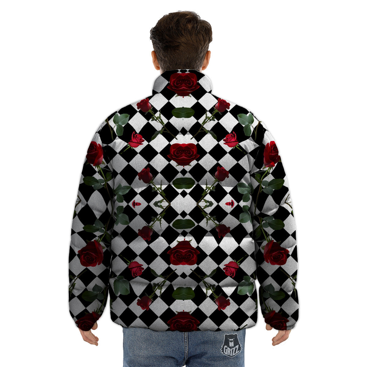 Red Roses And Argyle Print Pattern Puffer Jacket-grizzshop
