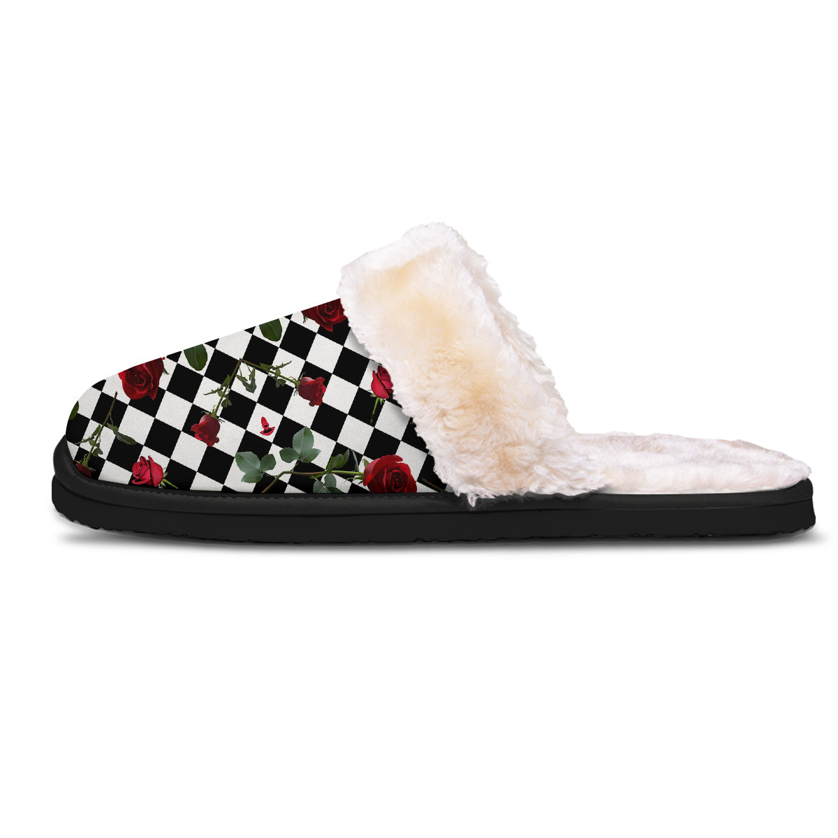 Red Roses And Argyle Print Pattern Slippers-grizzshop