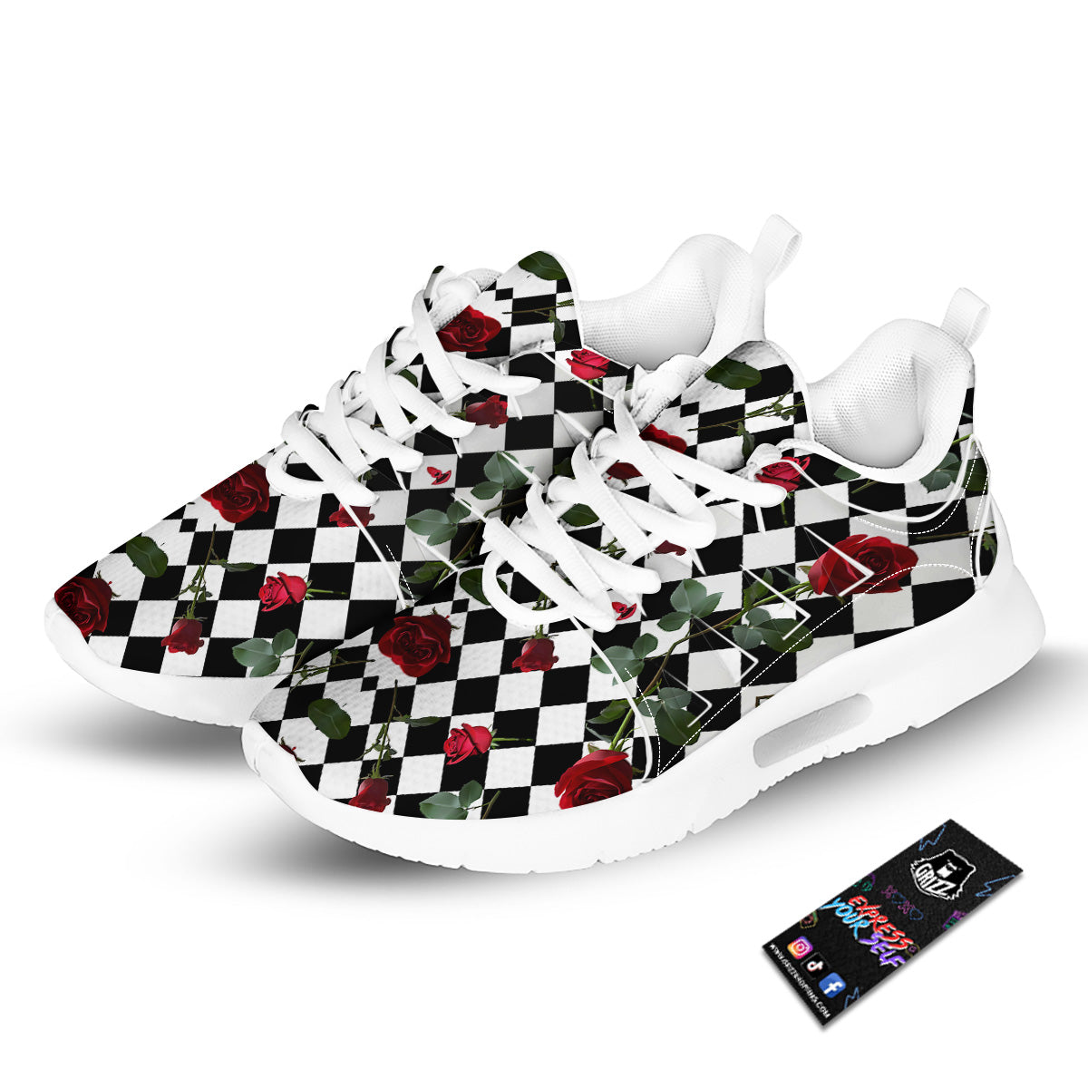 Red Roses And Argyle Print Pattern Tennis Shoes-grizzshop