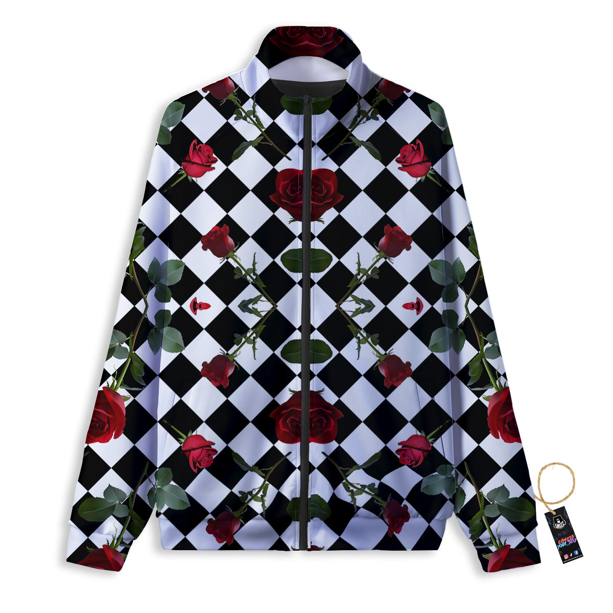Red Roses And Argyle Print Pattern Track Jacket-grizzshop