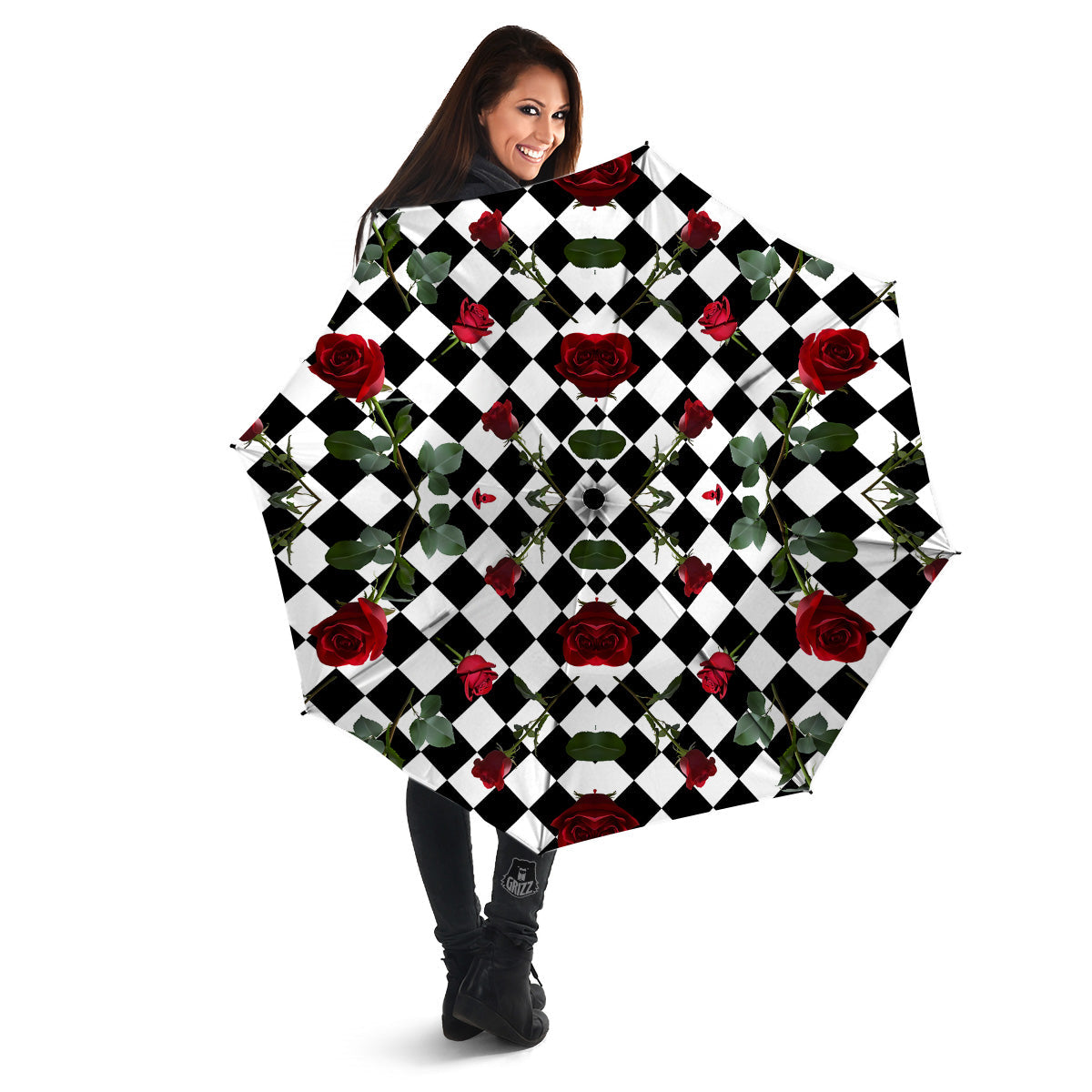 Red Roses And Argyle Print Pattern Umbrella-grizzshop