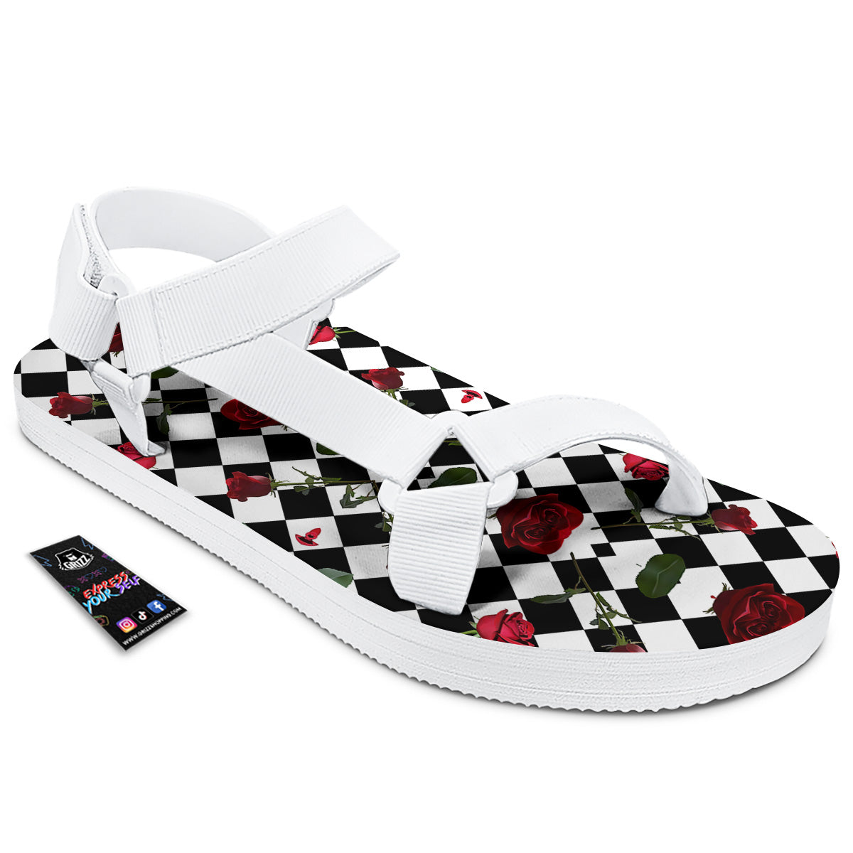 Red Roses And Argyle Print Pattern White Open Toe Sandals-grizzshop