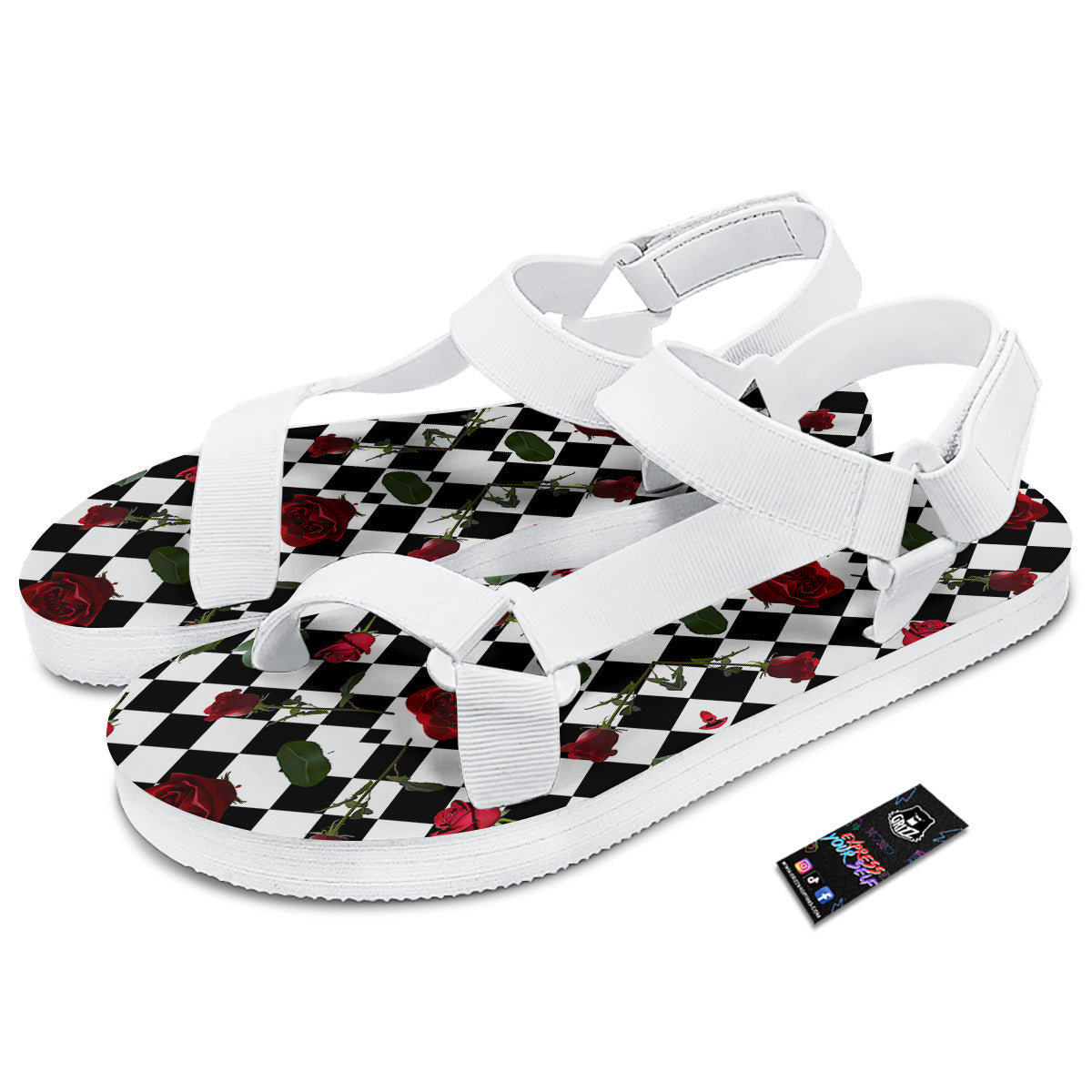 Red Roses And Argyle Print Pattern White Open Toe Sandals-grizzshop