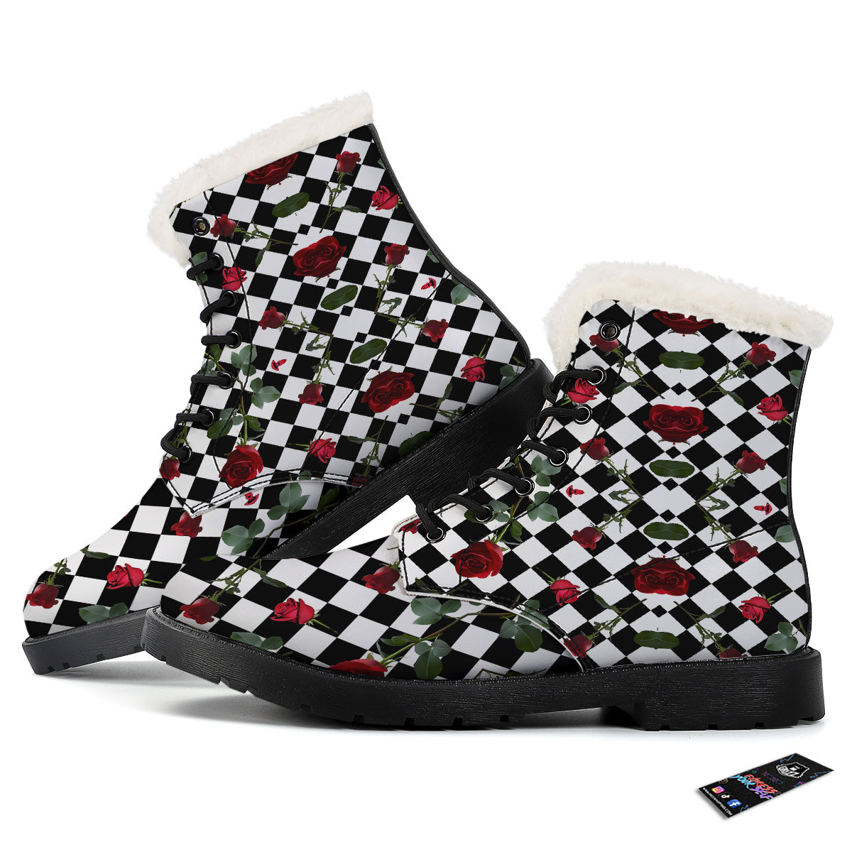 Red Roses And Argyle Print Pattern Winter Boots-grizzshop