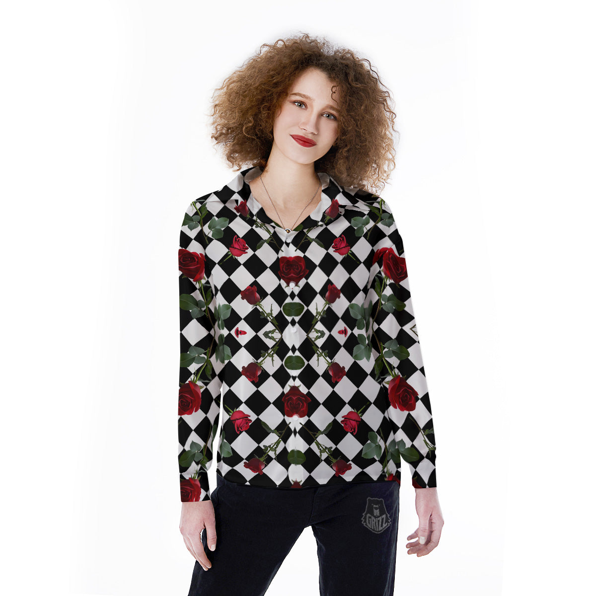 Red Roses And Argyle Print Pattern Women's Long Sleeve Shirts-grizzshop