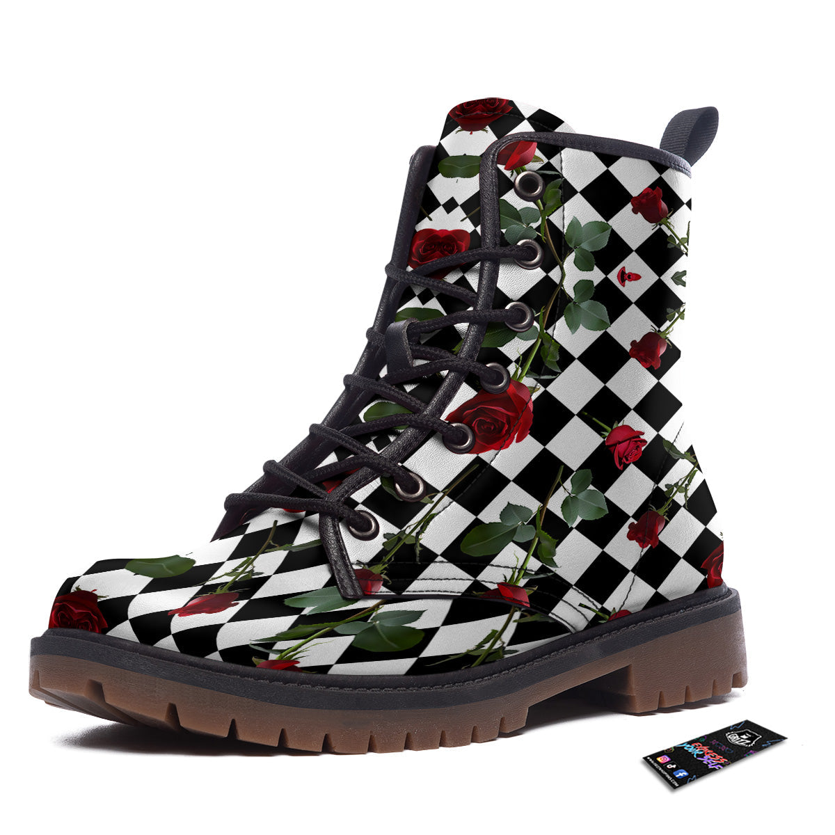 Red Roses And Argyle Print Pattern Work Boots-grizzshop