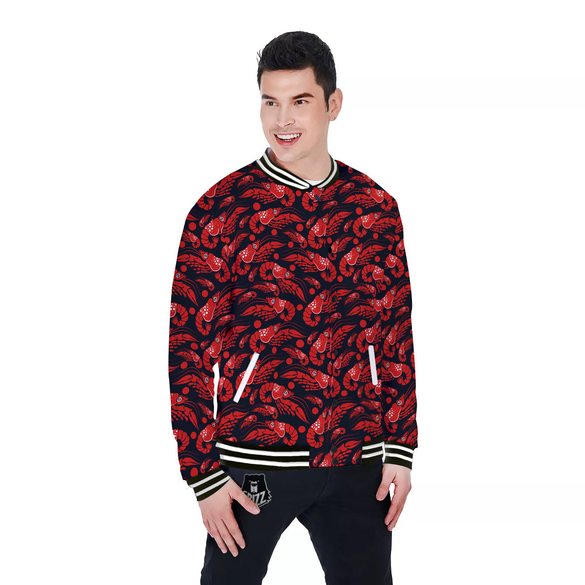 Red Shrimps Print Pattern Baseball Jacket-grizzshop