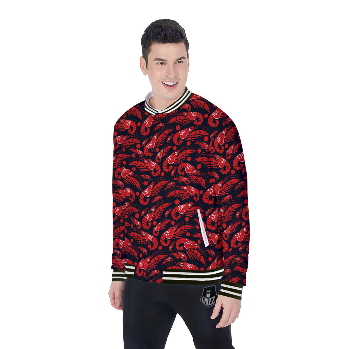 Red Shrimps Print Pattern Baseball Jacket-grizzshop