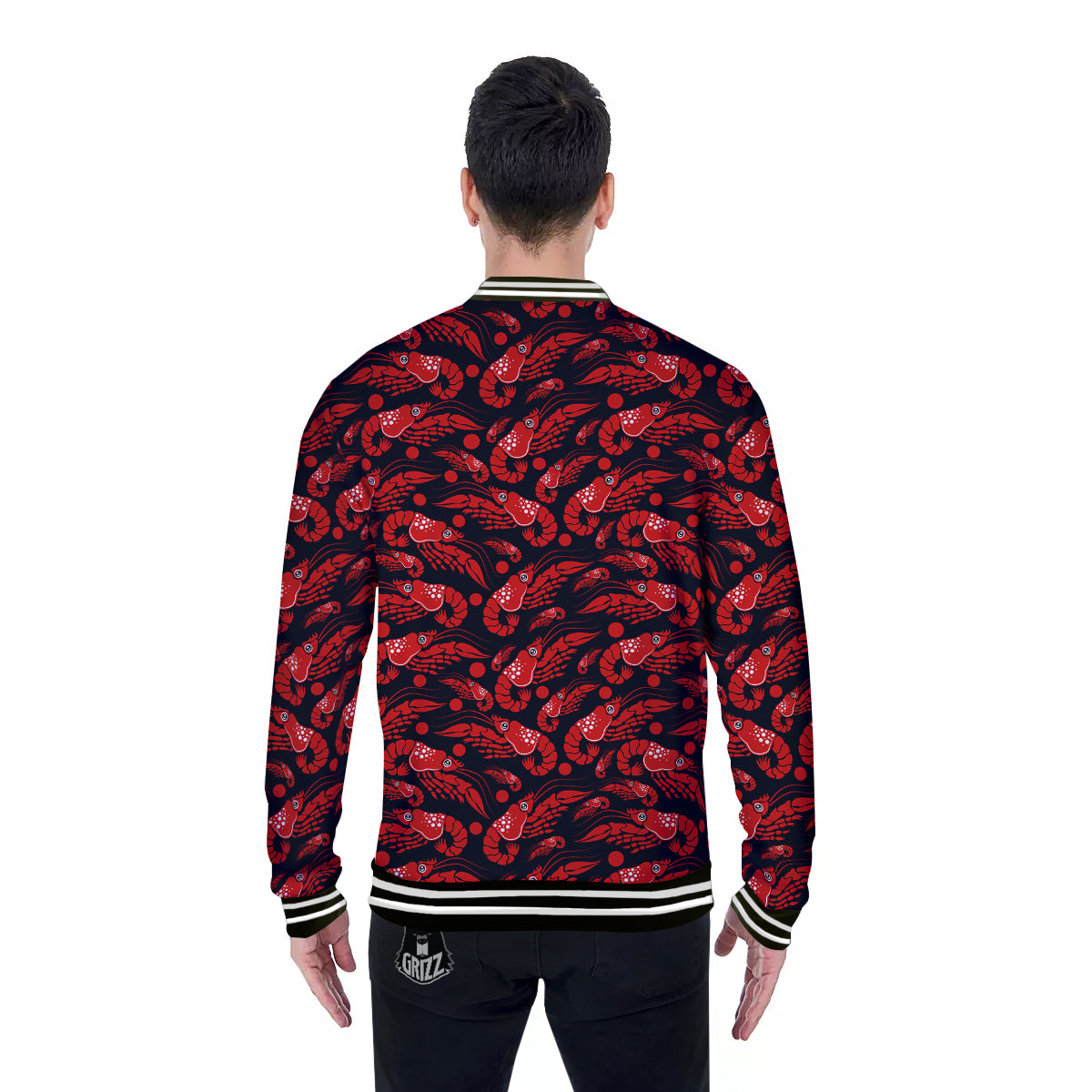 Red Shrimps Print Pattern Baseball Jacket-grizzshop