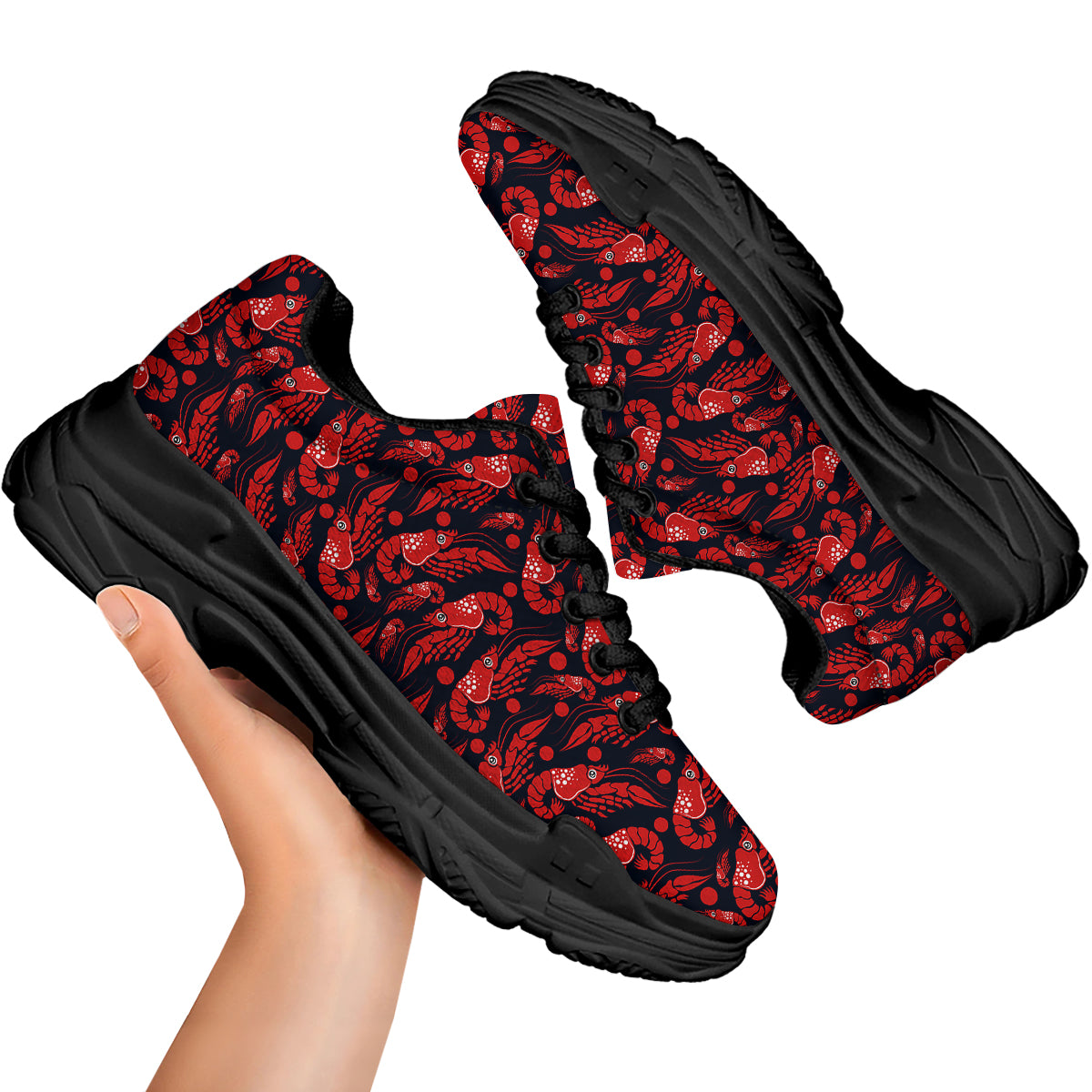Red Shrimps Print Pattern Black Chunky Shoes-grizzshop