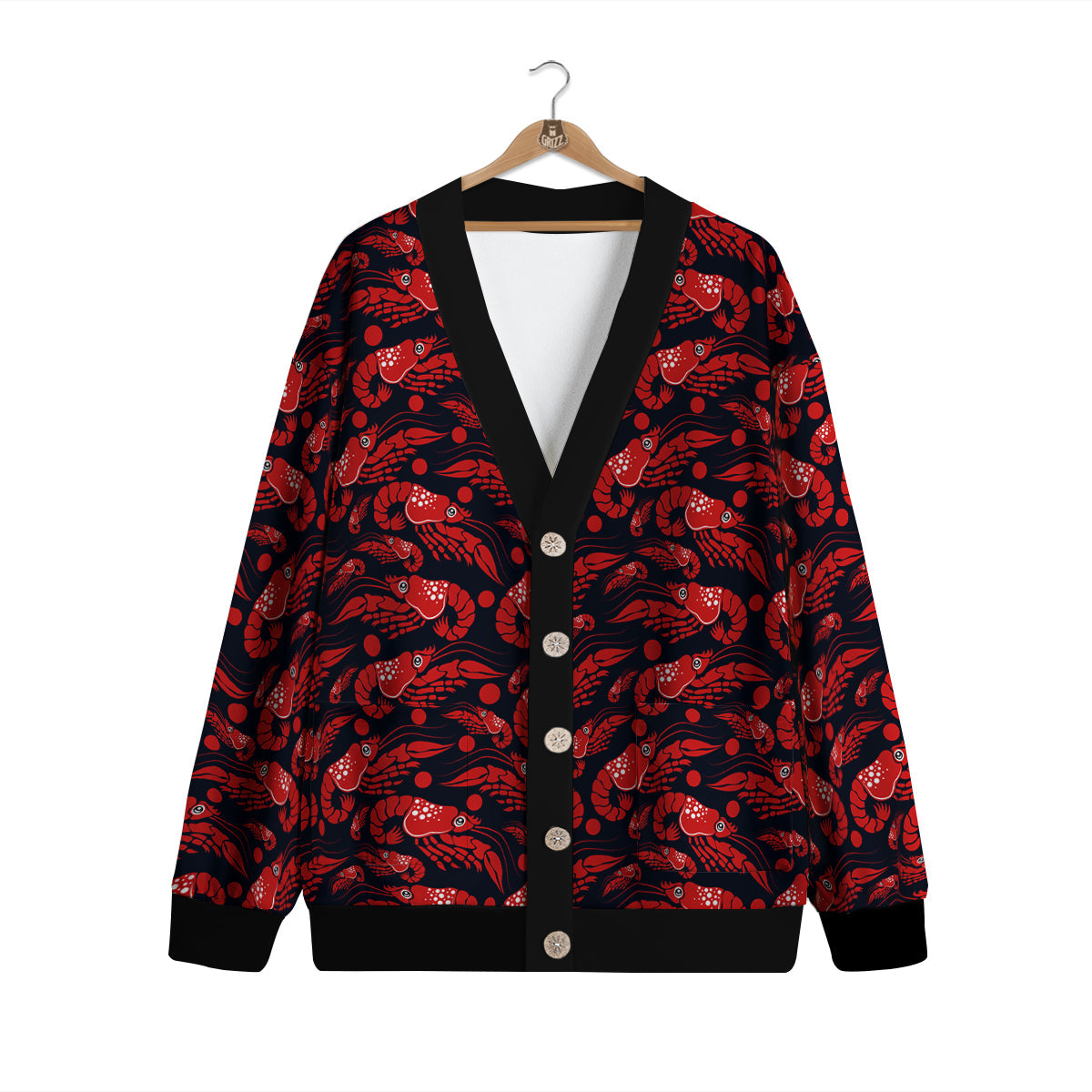 Red Shrimps Print Pattern Cardigan-grizzshop