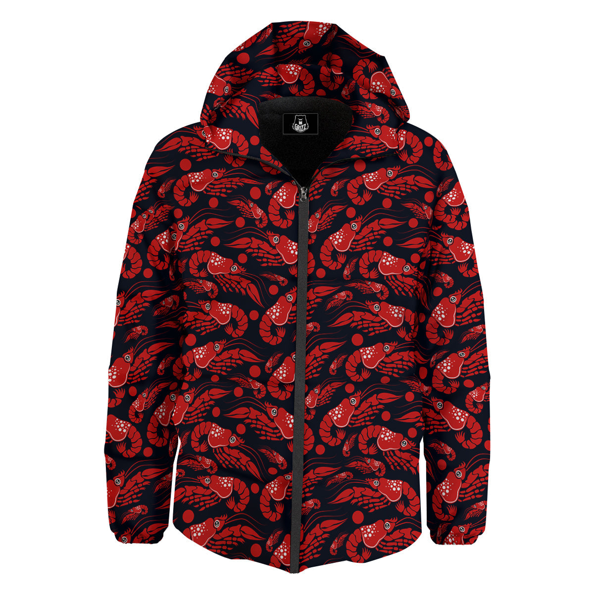 Red Shrimps Print Pattern Down Jacket-grizzshop