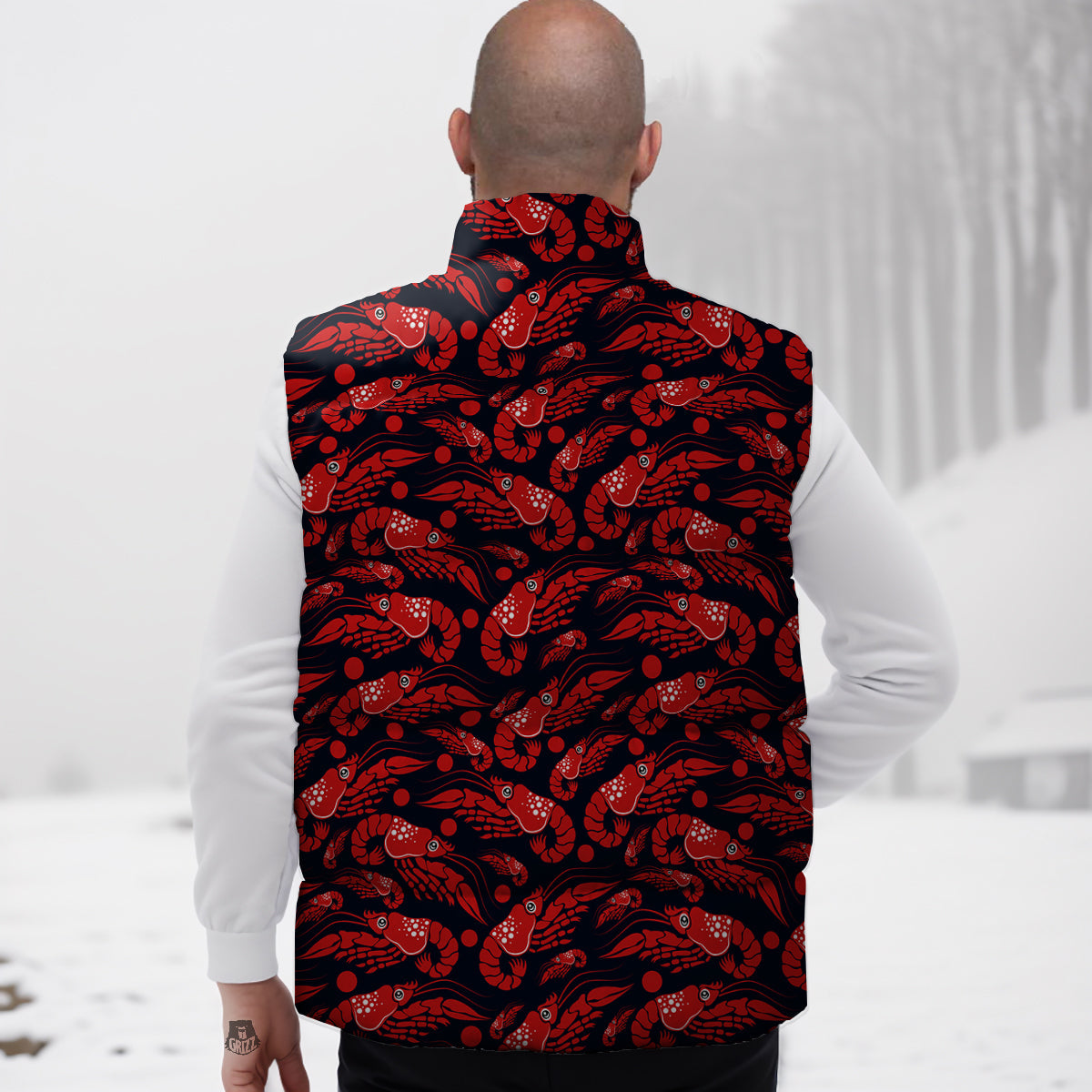 Red Shrimps Print Pattern Down Vest-grizzshop