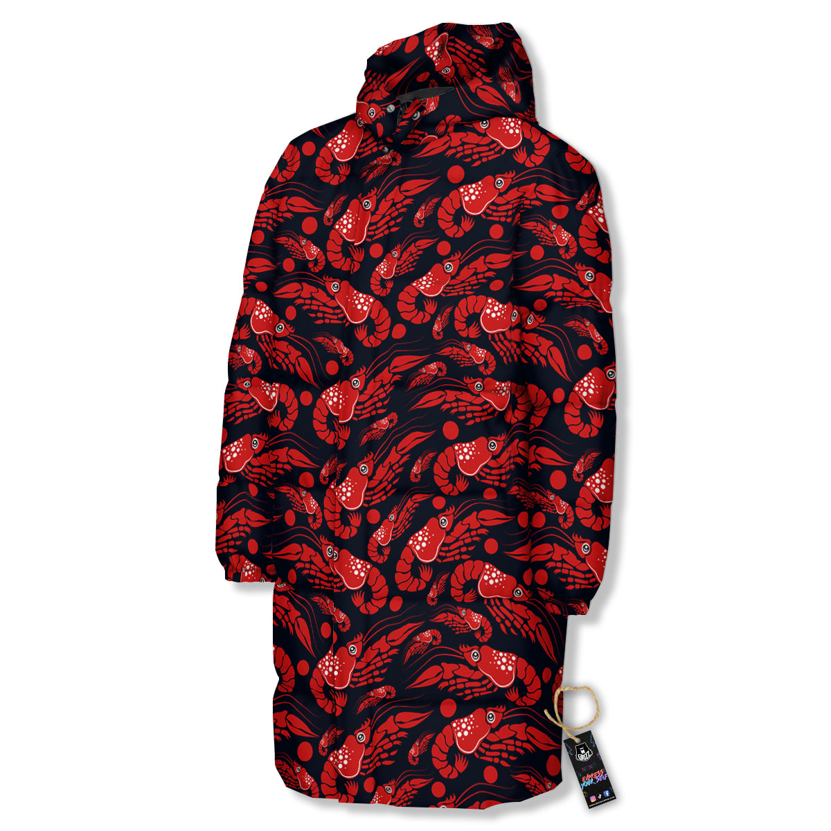 Red Shrimps Print Pattern Long Down Jacket-grizzshop
