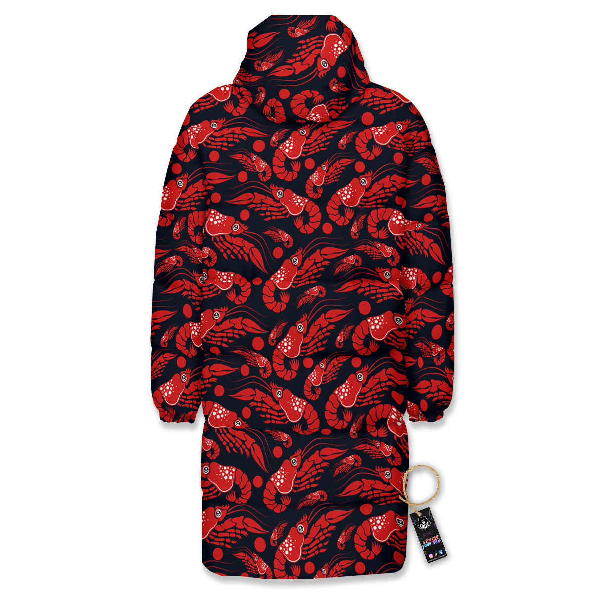 Red Shrimps Print Pattern Long Down Jacket-grizzshop