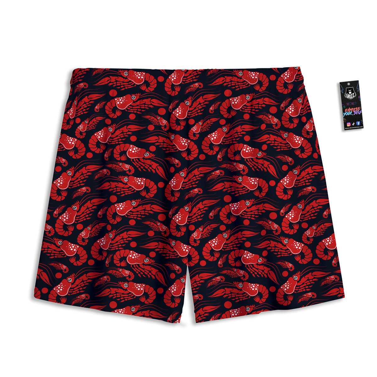 Red Shrimps Print Pattern Mesh Shorts-grizzshop
