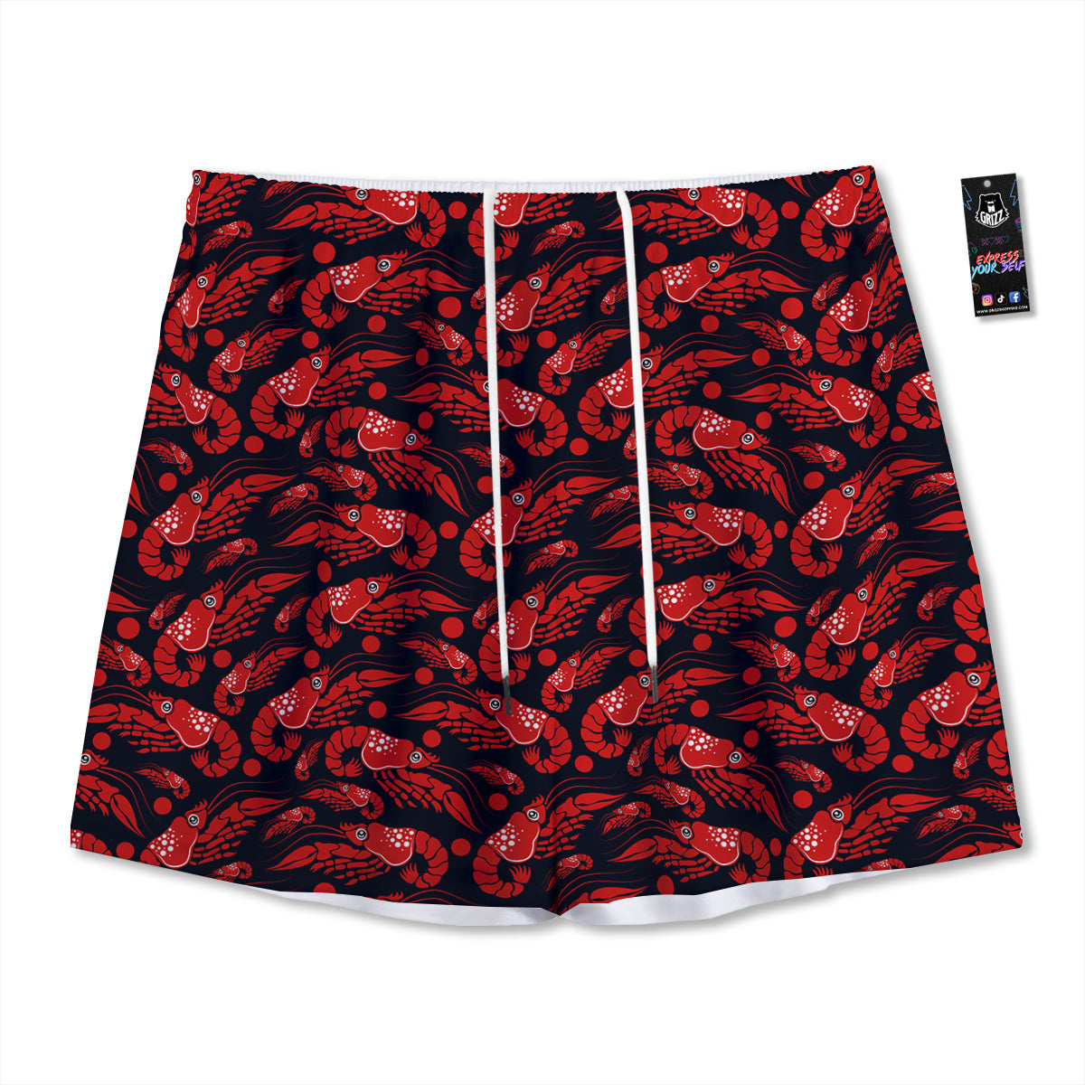 Red Shrimps Print Pattern Mesh Shorts-grizzshop