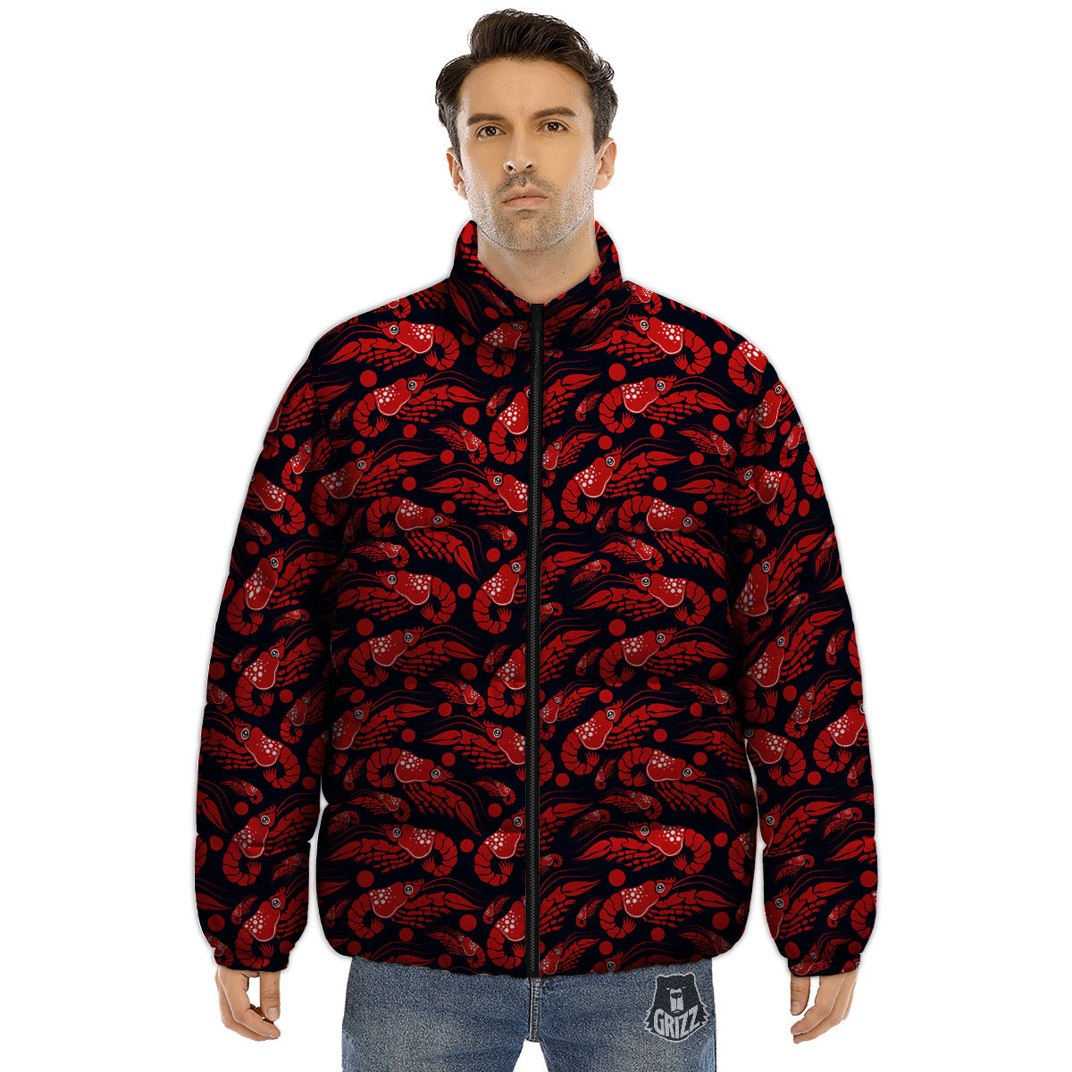 Red Shrimps Print Pattern Puffer Jacket-grizzshop