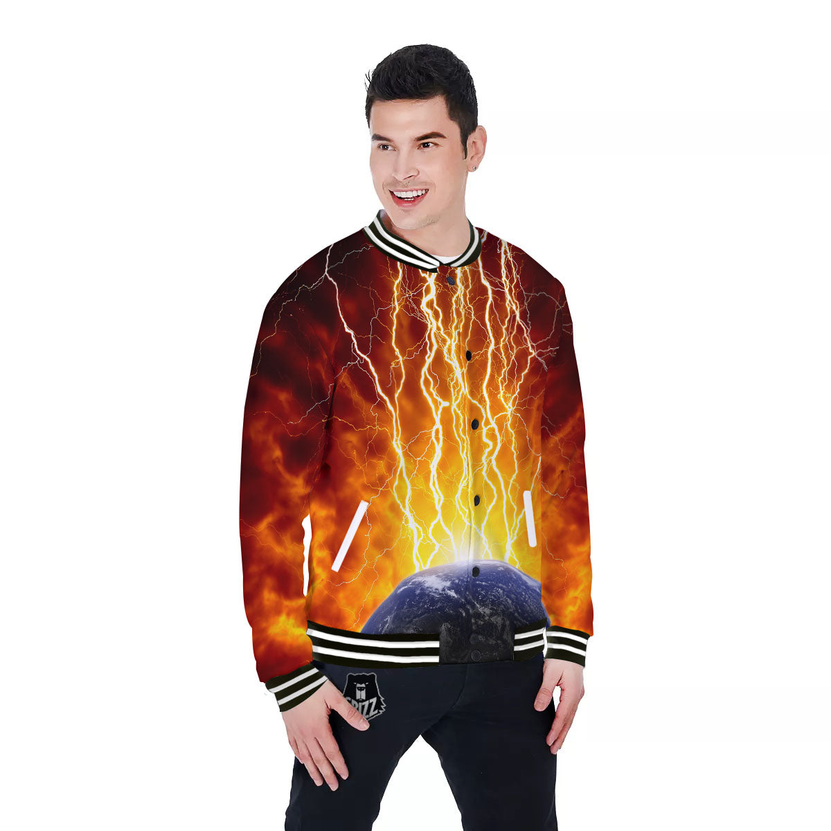 Red Sky With Lightnings Print Baseball Jacket-grizzshop