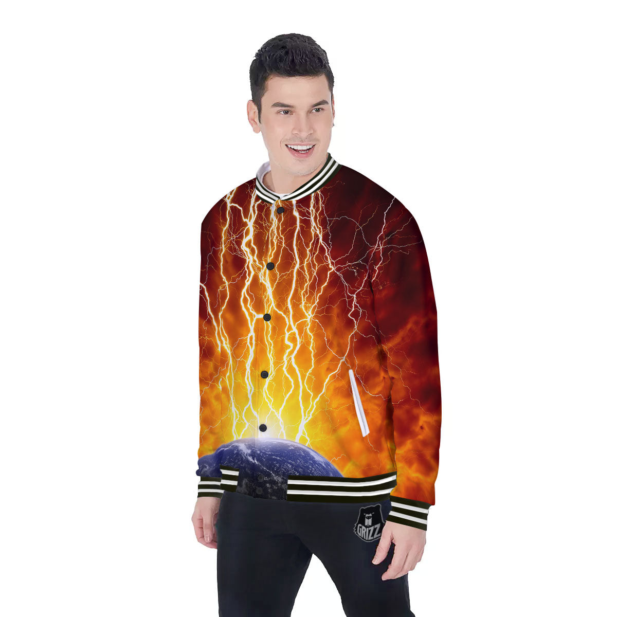 Red Sky With Lightnings Print Baseball Jacket-grizzshop