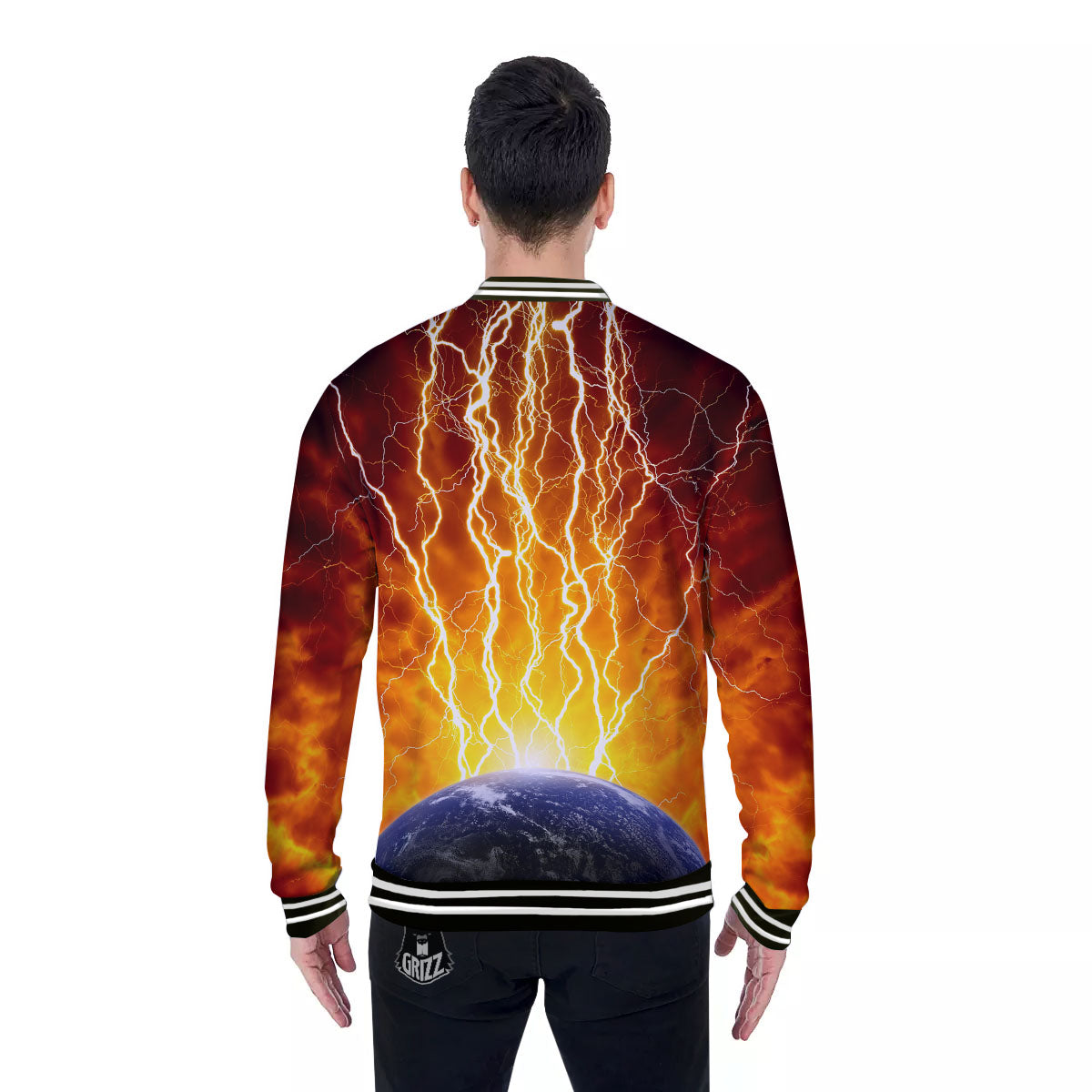 Red Sky With Lightnings Print Baseball Jacket-grizzshop