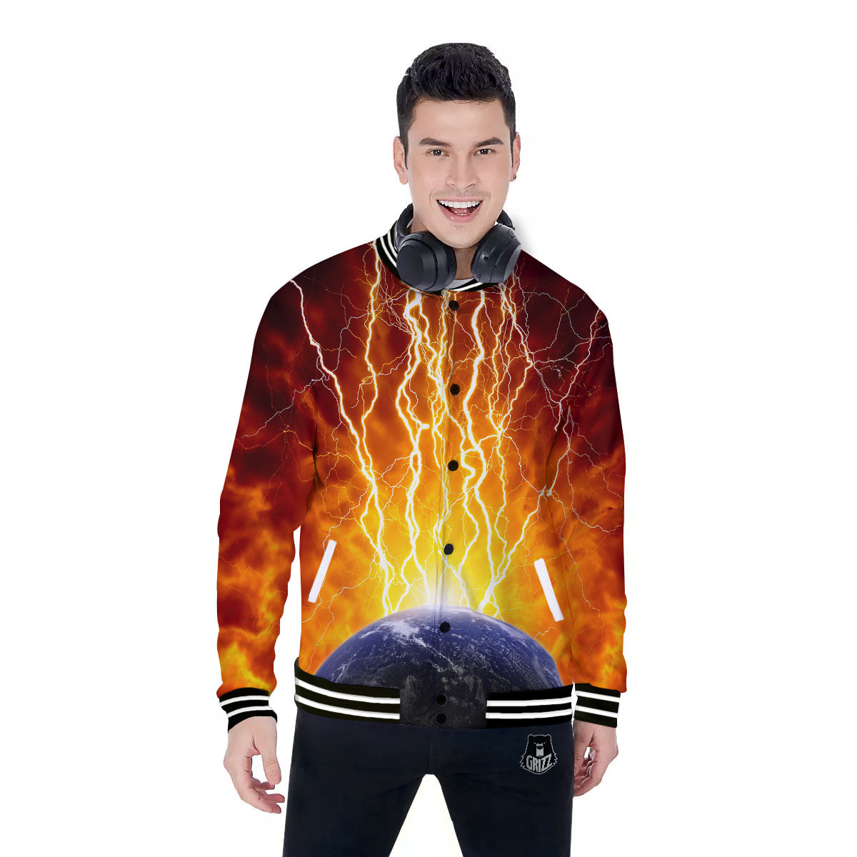 Red Sky With Lightnings Print Baseball Jacket-grizzshop