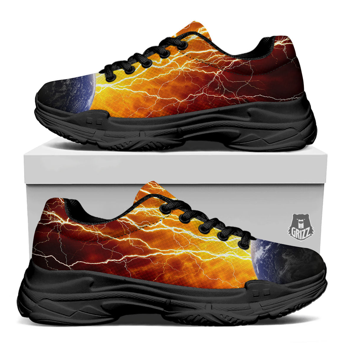 Red Sky With Lightnings Print Black Chunky Shoes-grizzshop