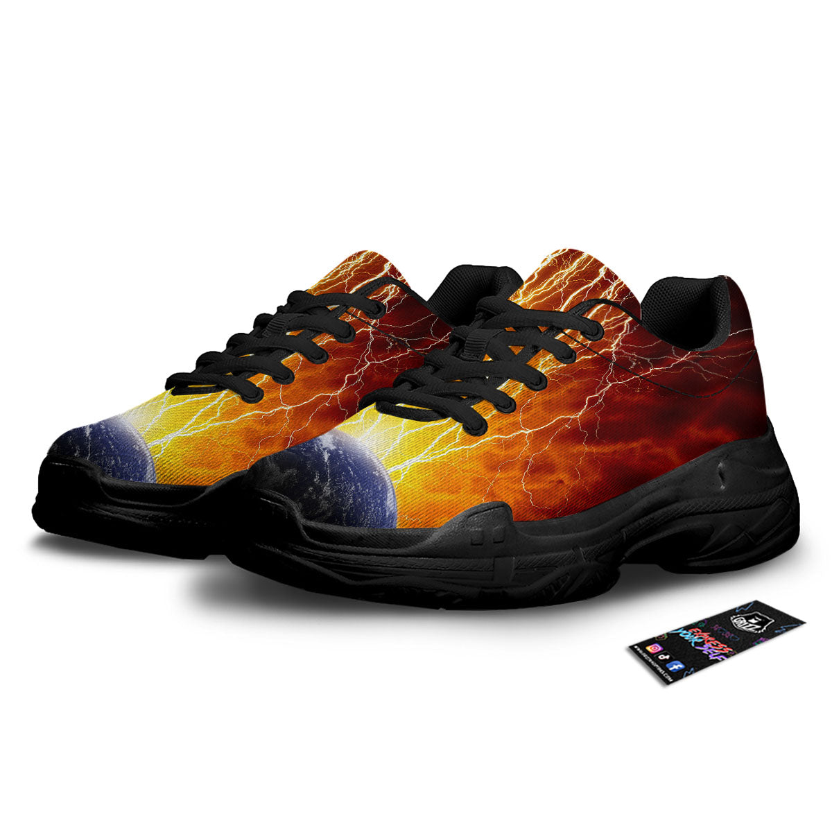 Red Sky With Lightnings Print Black Chunky Shoes-grizzshop