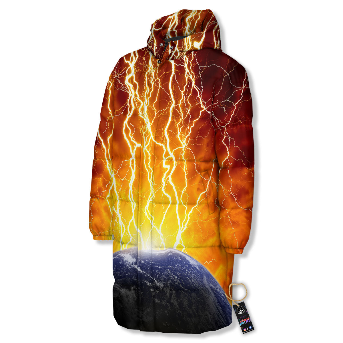 Red Sky With Lightnings Print Long Down Jacket-grizzshop