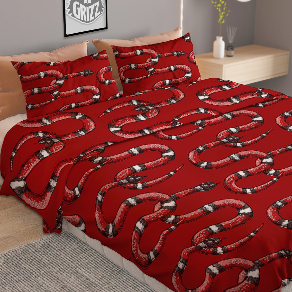 Red Snake Drawing Color Print Pattern Duvet Cover Bedding Set