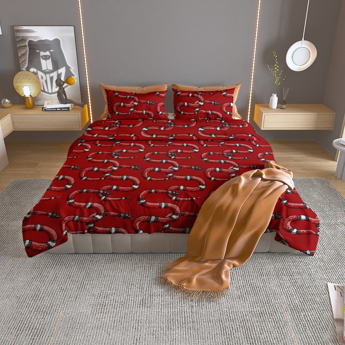 Red Snake Drawing Color Print Pattern Duvet Cover Bedding Set