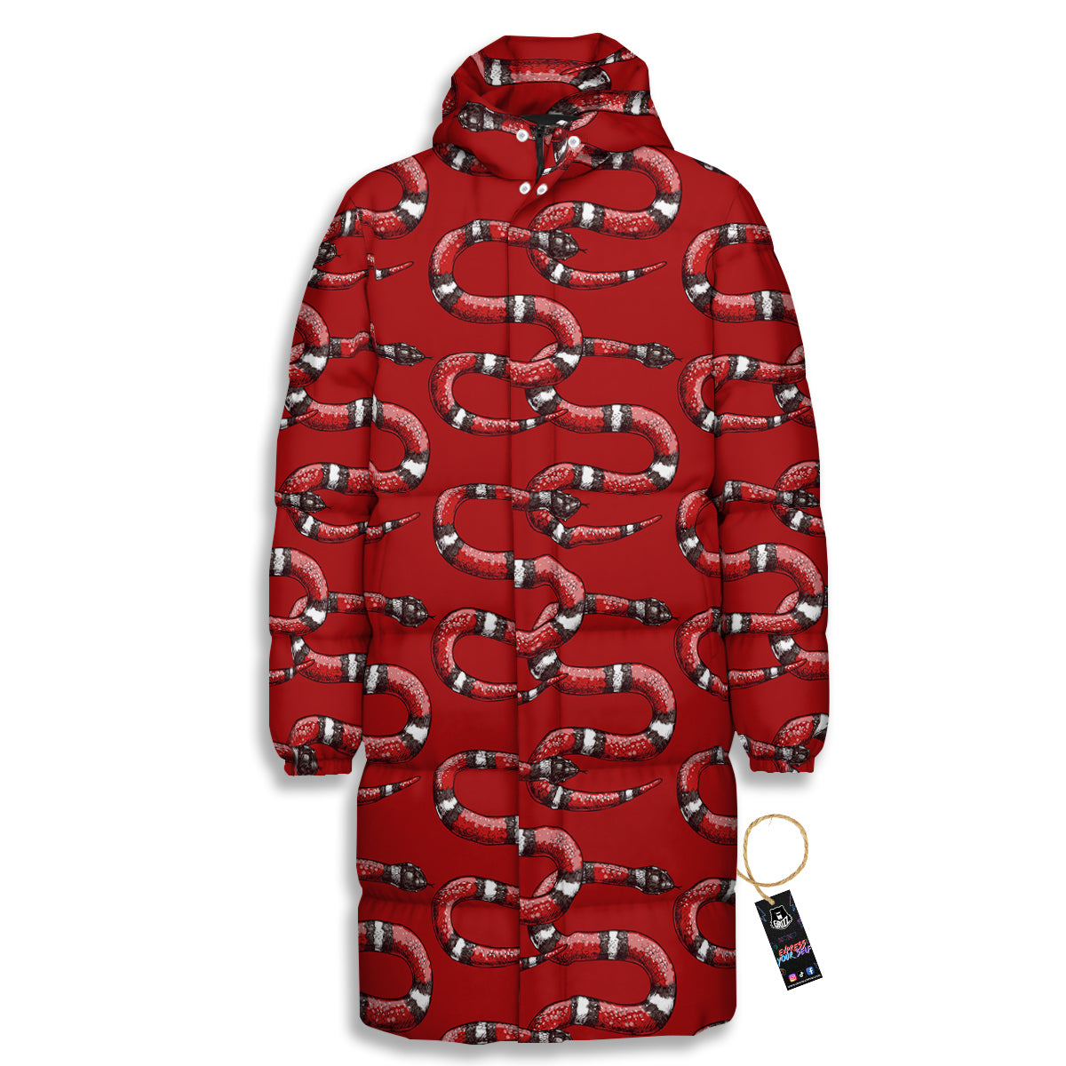 Red Snake Drawing Color Print Pattern Long Down Jacket-grizzshop