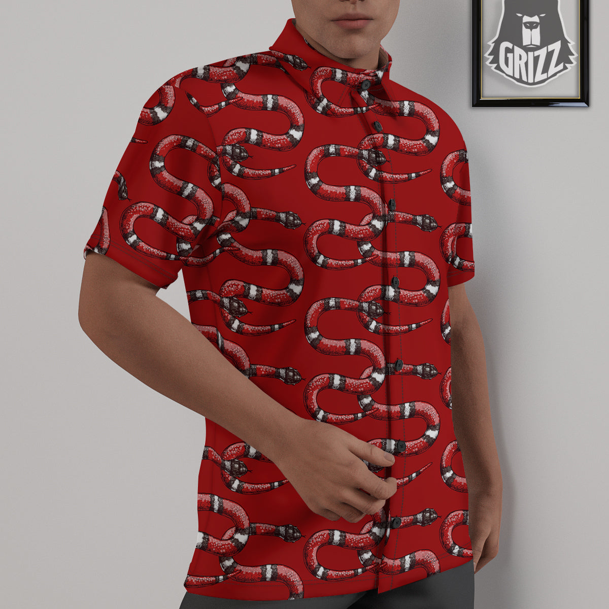 Red Snake Drawing Color Print Pattern Untucked Shirts-grizzshop