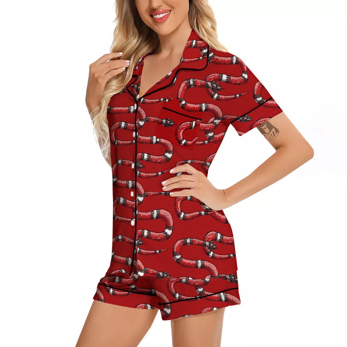 Red Snake Drawing Color Print Pattern Women Silk Pajamas-grizzshop