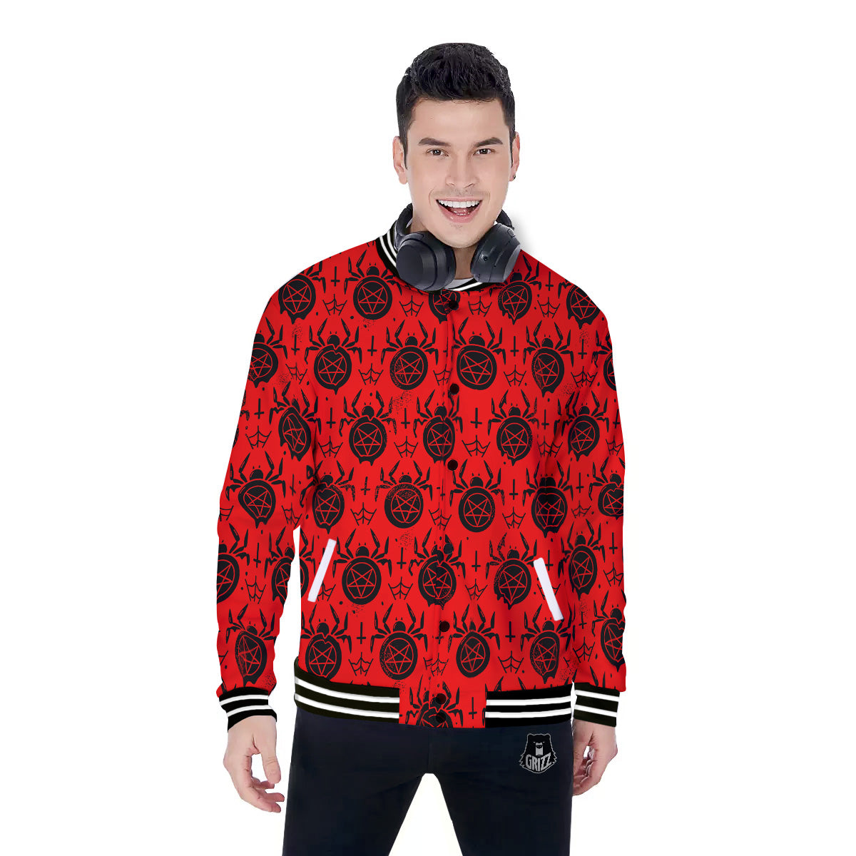 Red Spider Pentagram Print Pattern Baseball Jacket-grizzshop
