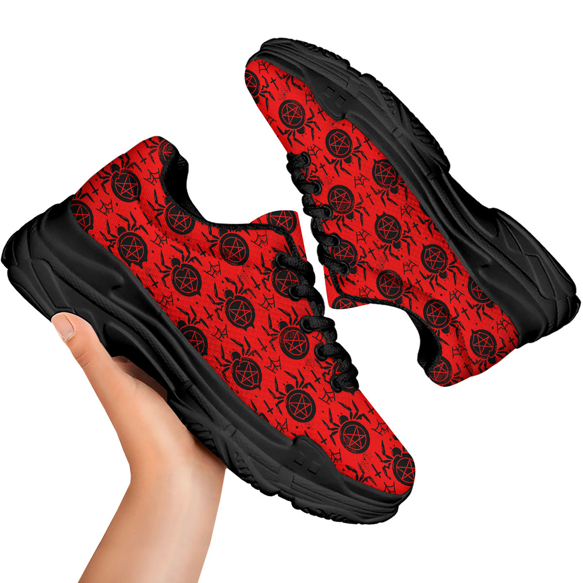 Red Spider Pentagram Print Pattern Black Chunky Shoes-grizzshop