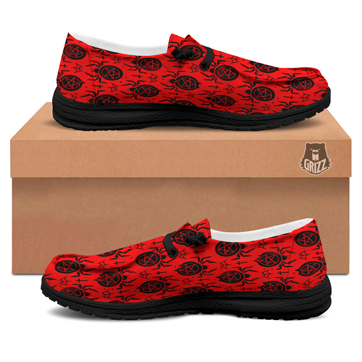 Red Spider Pentagram Print Pattern Black Loafers-grizzshop