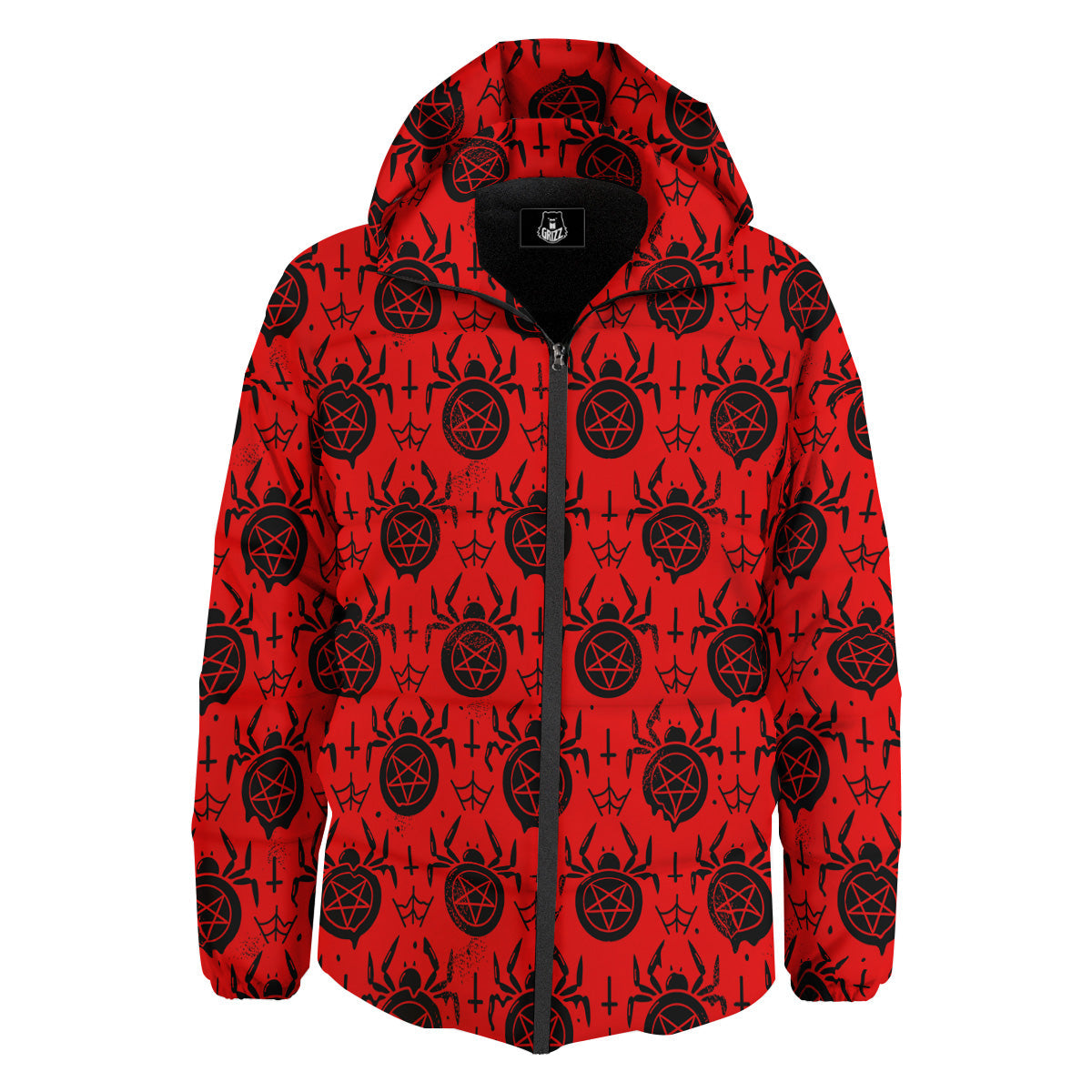 Red Spider Pentagram Print Pattern Down Jacket-grizzshop