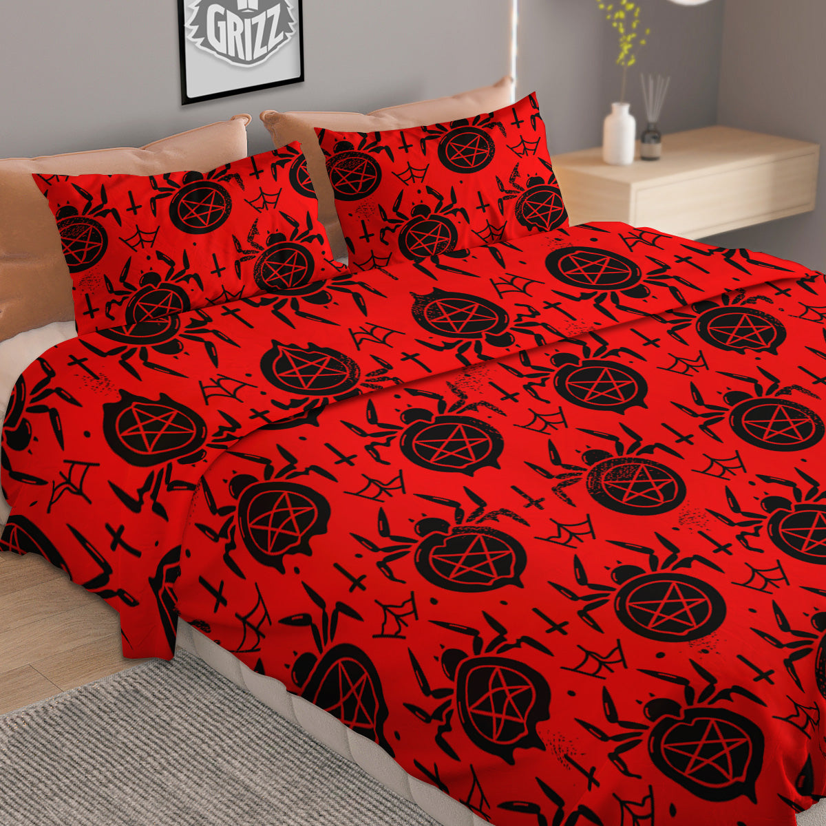 Red Spider Pentagram Print Pattern Duvet Cover Bedding Set