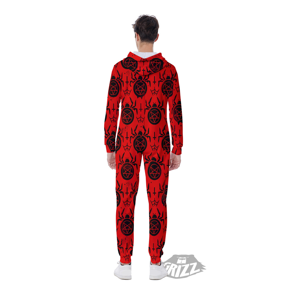 Red Spider Pentagram Print Pattern Men's Jumpsuit-grizzshop