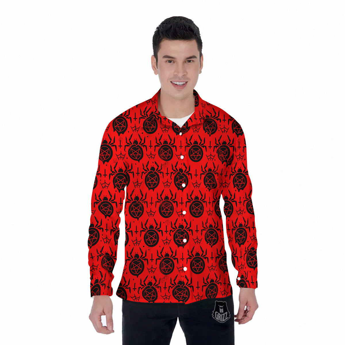 Red Spider Pentagram Print Pattern Men's Long Sleeve Shirts-grizzshop