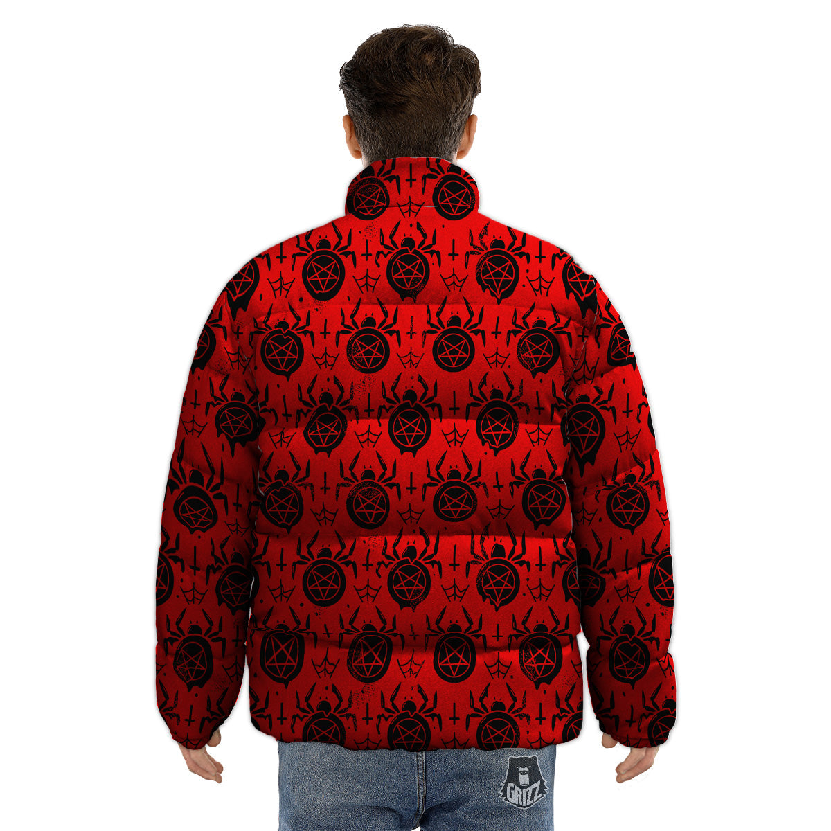 Red Spider Pentagram Print Pattern Puffer Jacket-grizzshop